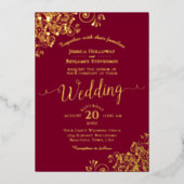 Elegant Gold Lace over het huwelijk met Bourgogne Folie Uitnodiging (Voorkant)