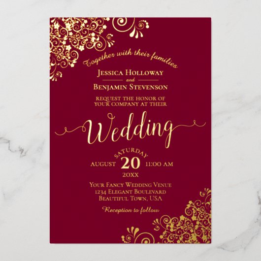 Elegant Gold Lace over het huwelijk met Bourgogne Folie Uitnodiging (Voorkant)