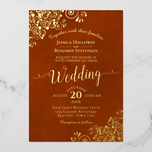 Elegant Gold Lace over het Oranje Rust-huwelijk Folie Uitnodiging (Voorkant)