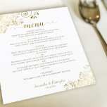 Elegant Gold Lace over het Wit Weddenschap-menu<br><div class="desc">Deze mooie trouwmenu's zijn eenvoudig,  elegant en stijlvol,  maar zijn nog steeds budgetvriendelijk en betaalbaar. Ze hebben een stijlvol en glamoureus ontwerp met een gouden faux foliekant en scriptkalligrafie op een witte achtergrond. De achterkant is een prachtige gemarmerde goudkleur.</div>