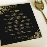 Elegant Gold Lace over het zwarte-budgetbruiloft m<br><div class="desc">Deze mooie trouwmenu's zijn eenvoudig,  elegant en stijlvol,  maar zijn nog steeds budgetvriendelijk en betaalbaar. Ze hebben een stijlvol en glamoureus ontwerp met een gouden faux foliekant en scriptkalligrafie op een zwarte achtergrond. De achterkant is een prachtige gemarmerde goudkleur.</div>