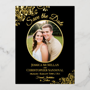 Elegant Gold Lace & Photo Black Save the Date Folie Uitnodiging Briefkaart