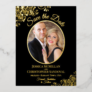 Elegant Gold Lace & Photo Black Save the Date Folie Uitnodiging Briefkaart
