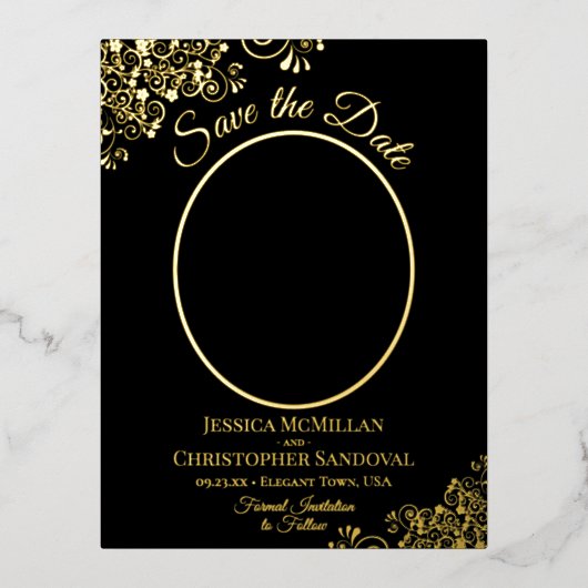 Elegant Gold Lace & Photo Black Save the Date Folie Uitnodiging Briefkaart (Voorkant)
