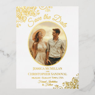 Elegant Gold Lace & Photo White Save the Date Folie Uitnodiging Briefkaart