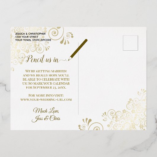 Elegant Gold Lace & Photo White Save the Date Folie Uitnodiging Briefkaart (Achterkant)