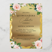 Elegant Gold Lace Pink Floral Foto Quinceanera Folie Uitnodiging (Voorkant)
