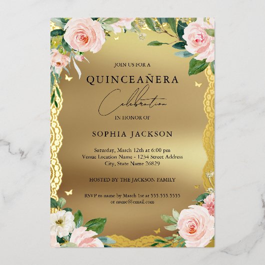 Elegant Gold Lace Pink Floral Foto Quinceanera Folie Uitnodiging (Voorkant)