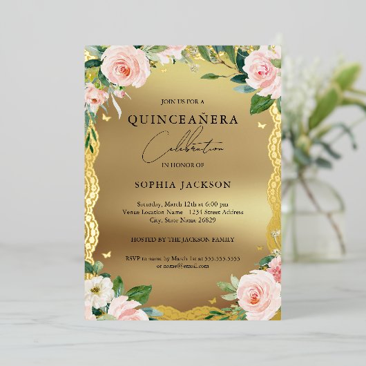 Elegant Gold Lace Pink Floral Foto Quinceanera Folie Uitnodiging (Staand Voorkant)