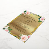 Elegant Gold Lace Pink Floral Foto Quinceanera Folie Uitnodiging (Gedraaid)