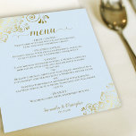 Elegant Gold Lace Powder Blue Budget Weduwmenu<br><div class="desc">Deze mooie trouwmenu's zijn eenvoudig,  elegant en stijlvol,  maar zijn nog steeds budgetvriendelijk en betaalbaar. Ze hebben een stijlvol en glamoureus design met een gouden faux folielace en scriptkalligrafie op een bleke poederblauwe achtergrond. De achterkant is een prachtige gemarmerde goudkleur.</div>