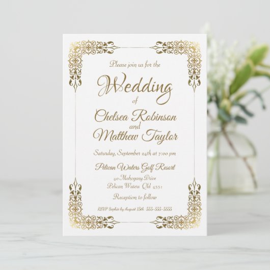 Elegant Gold  Lace Wedding Invitation Kaart (Staand voorkant)