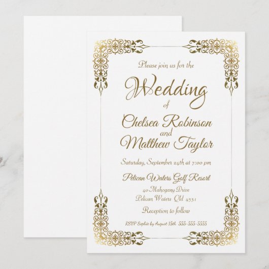Elegant Gold  Lace Wedding Invitation Kaart (Voorkant / Achterkant)