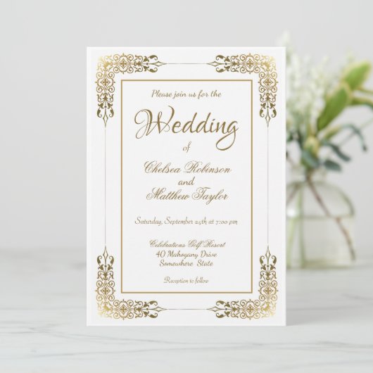 Elegant  Gold Lace Wedding Kaart (Staand voorkant)