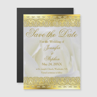 Elegant Gold Lace White Rose Wedding Save the Date Magnetische Uitnodiging