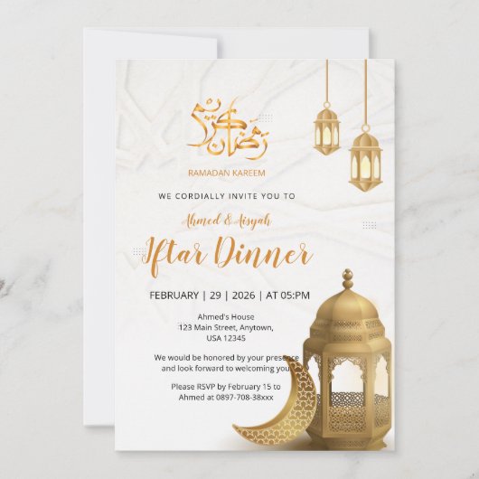 Elegant Gold Lantern & Crescent Iftar Dinner Kaart (Voorkant)