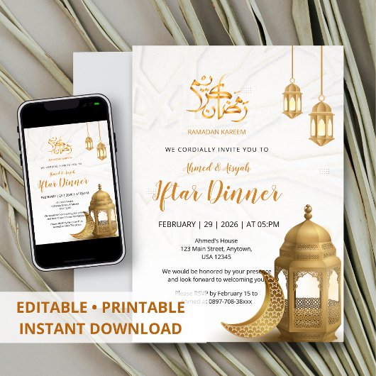 Elegant Gold Lantern & Crescent Iftar Dinner Kaart