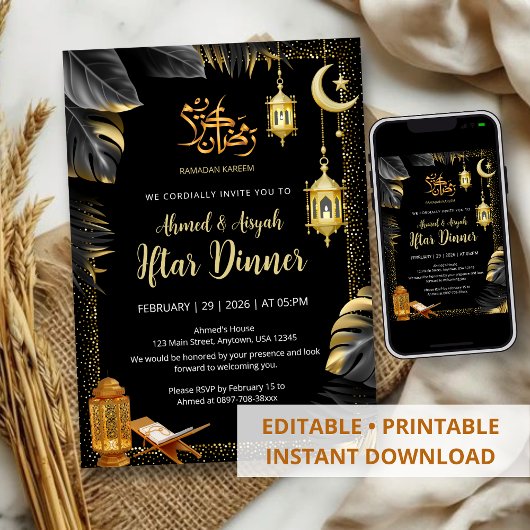 Elegant Gold Lanterns and Monstera Ramadan Iftar Kaart