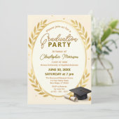 Elegant Gold Laurel Wreath & Cap Graduation Party Kaart (Staand voorkant)