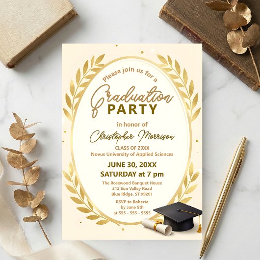 Elegant Gold Laurel Wreath & Cap Graduation Party Kaart