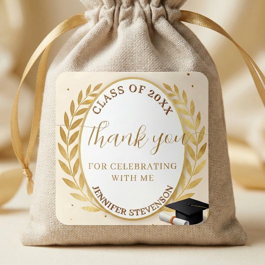 Elegant Gold Laurel Wreath Graduation Thank You Vierkante Sticker