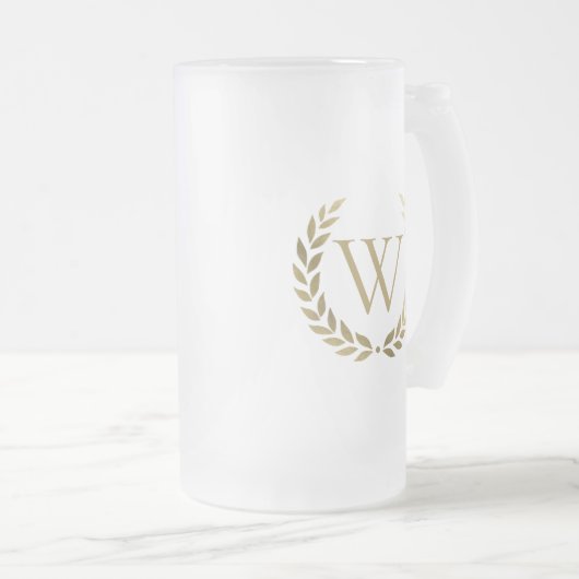 Elegant Gold Laurel Wreath Monogram Matglas Bierpul (Voorkant rechts)