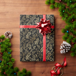 Elegant Gold Leaf Black Pattern Kerstmis Cadeaupapier