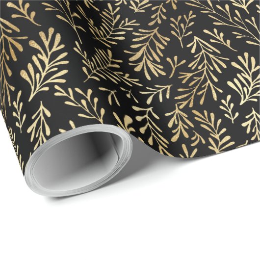 Elegant Gold Leaf Black Pattern Kerstmis Cadeaupapier (Rol Hoek)