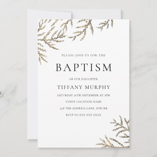 Elegant Gold Leaf Boy of Girl Baptism Invitation Kaart (Voorkant)