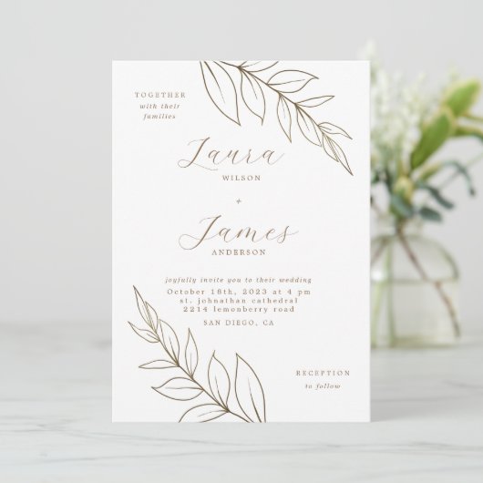 Elegant Gold Leaf Modern Wedding Kaart (Staand voorkant)
