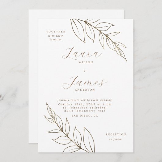 Elegant Gold Leaf Modern Wedding Kaart (Voorkant / Achterkant)