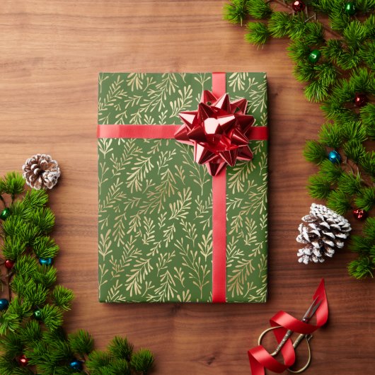 Elegant Gold Leaf Pattern Green Kerstmis Cadeaupapier (Feestdagen Geschenken)