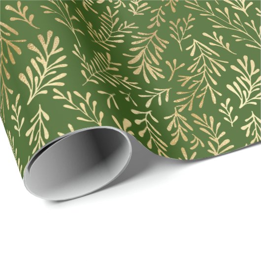 Elegant Gold Leaf Pattern Green Kerstmis Cadeaupapier (Rol Hoek)