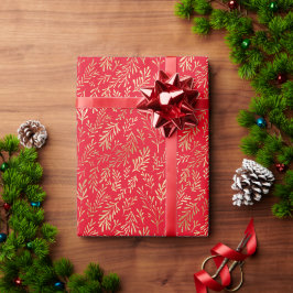 Elegant Gold Leaf Pattern Red Kerstmis Cadeaupapier