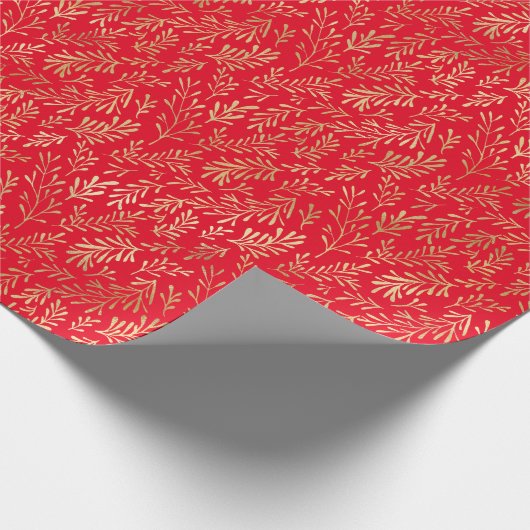 Elegant Gold Leaf Pattern Red Kerstmis Cadeaupapier (Hoek)