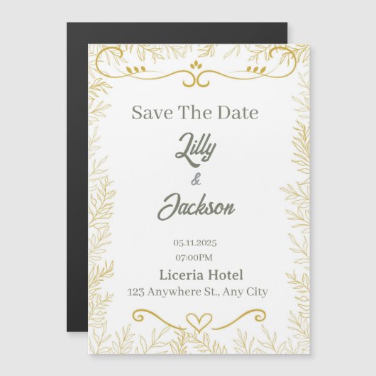 Elegant Gold Leaf Save the Date Card | Modern Wedd Magnetische Uitnodiging (Voorkant / Achterkant)