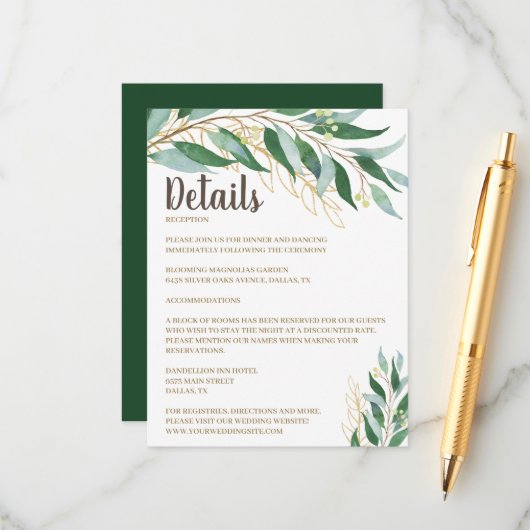 Elegant Gold Leaf Wedding Details Kaart invoegen (Voorkant / Achterkant in situ)