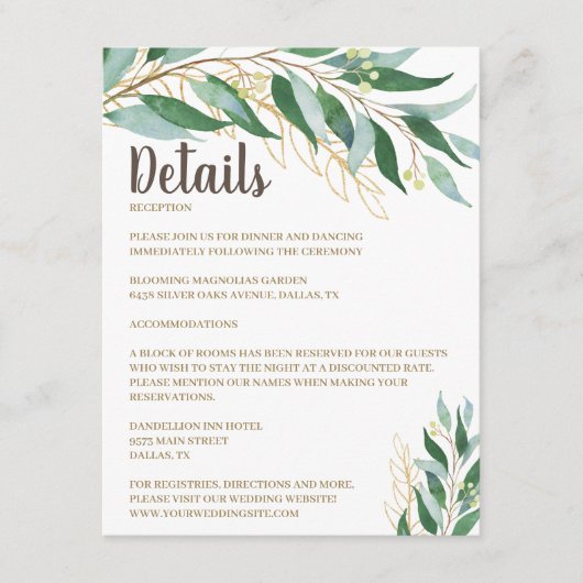 Elegant Gold Leaf Wedding Details Kaart invoegen (Voorkant)