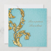 Elegant Gold Leaf Wedding Invite Floral Blue Kaart (Achterkant)