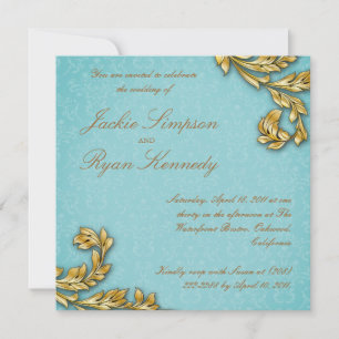 Elegant Gold Leaf Wedding Invite Floral Blue Kaart