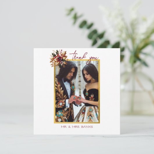 Elegant Gold Leaf Wedding Photo Thank You Card Bedankkaart (Staand voorkant)