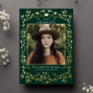 Elegant Gold Leaf WreatAfstuderen Foto Folie in Uitnodiging