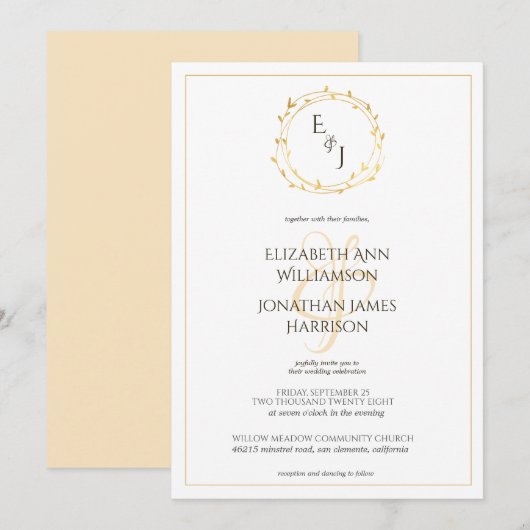 Elegant Gold Leaf Wreath Monogram Wedding Kaart (Voorkant / Achterkant)