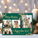 Elegant Gold Leafy 4 Photo Collage Kerstmis Briefkaart<br><div class="desc">Elegant, modern goud en groene botanische bladeren 4 Foto Collage Merry kerstvakanay Briefkaart. Deze festieve, imimalistische, grillige sjabloon met vier (4) fotovakantiedagen is voorzien van een fotocollage, faux gouden olievleisteen, botanische bladeren, winterbessen en zegt "Vrolijk Kerstfeest en Gelukkig Nieuwjaar"! De groettekst "Vrolijk Kerstmis en Gelukkig Nieuwjaar" is geschreven in een...</div>