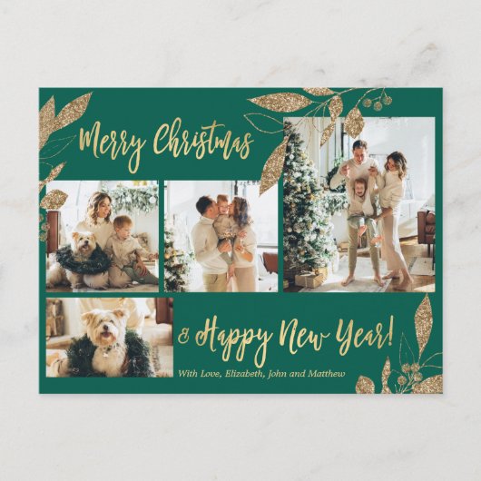 Elegant Gold Leafy 4 Photo Collage Kerstmis Briefkaart (Voorkant)