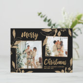 Elegant Gold Leaves 2 Photo Collage kerstkaart (Staand voorkant)