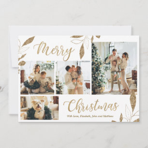 Elegant Gold Leaves 4 Photo Collage kerstkaart