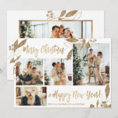 Elegant Gold Leaves 4 Photo Collage kerstkaart (Voorkant / Achterkant)