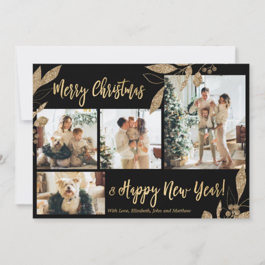 Elegant Gold Leaves 4 Photo Collage kerstkaart (Voorkant)