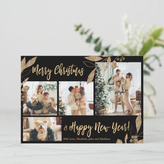 Elegant Gold Leaves 4 Photo Collage kerstkaart (Staand voorkant)